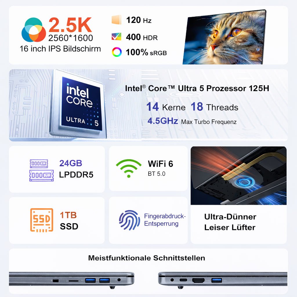 Ninkear N16 Pro Intel Core Ultra 5 125H 24GB 1TB Business Laptop - Ninkear Germany